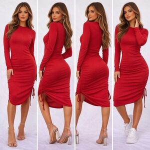 Red Long Sleeve Ruched Bodycon Dress Crew Neck Knee Length Large